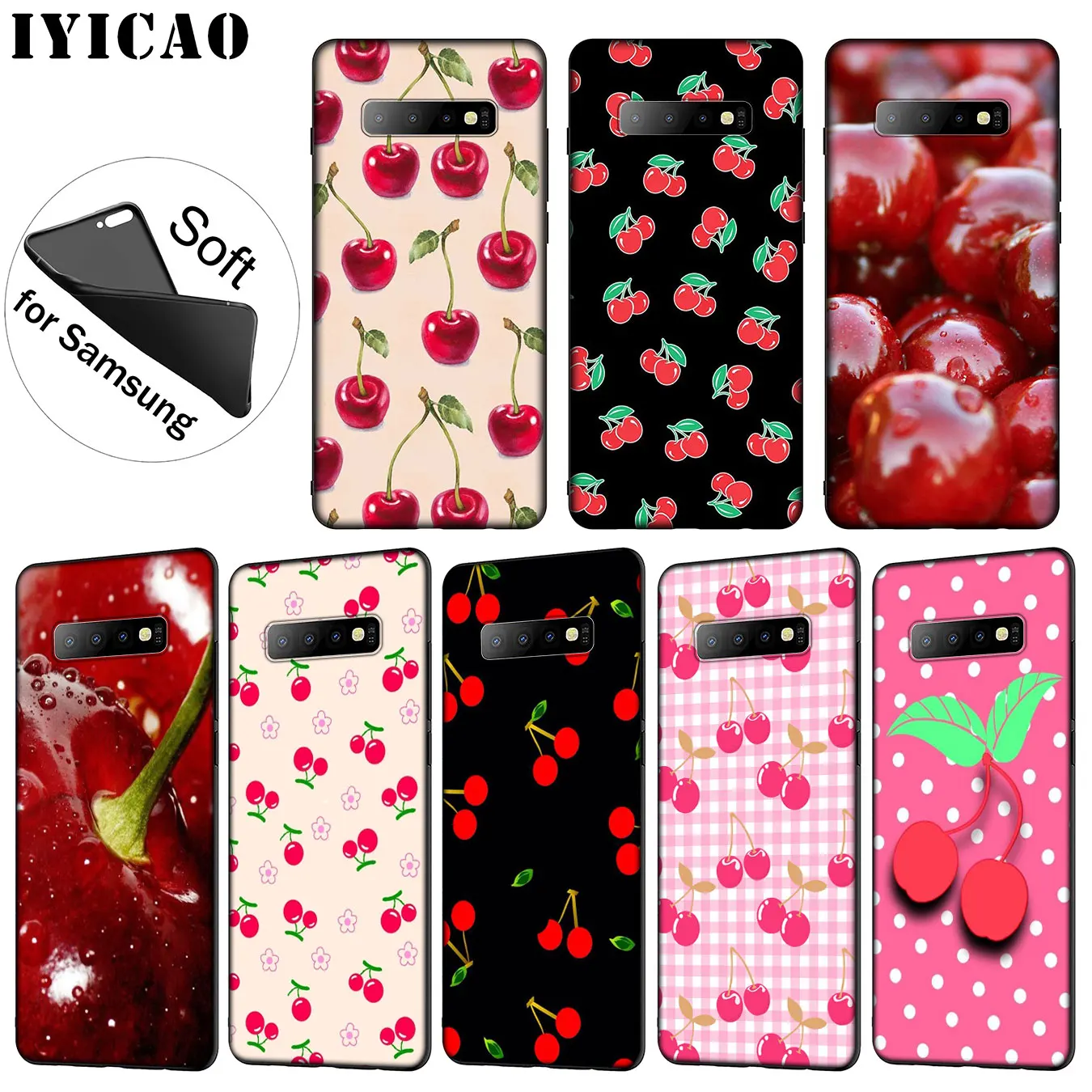 

IYICAO Cherry summer fruit Soft Silicone Phone Case for Samsung Galaxy S10 S9 S8 Plus S6 S7 Edge S10e E TPU Black Cover