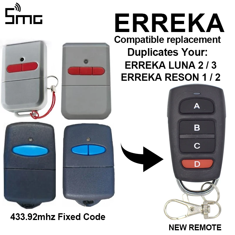 

1piece ERREKA LUNA2 LUNA3 433mhz garage door remote control ERREKA RESON 1 , RESON 2 gate remote transmitter fixed code