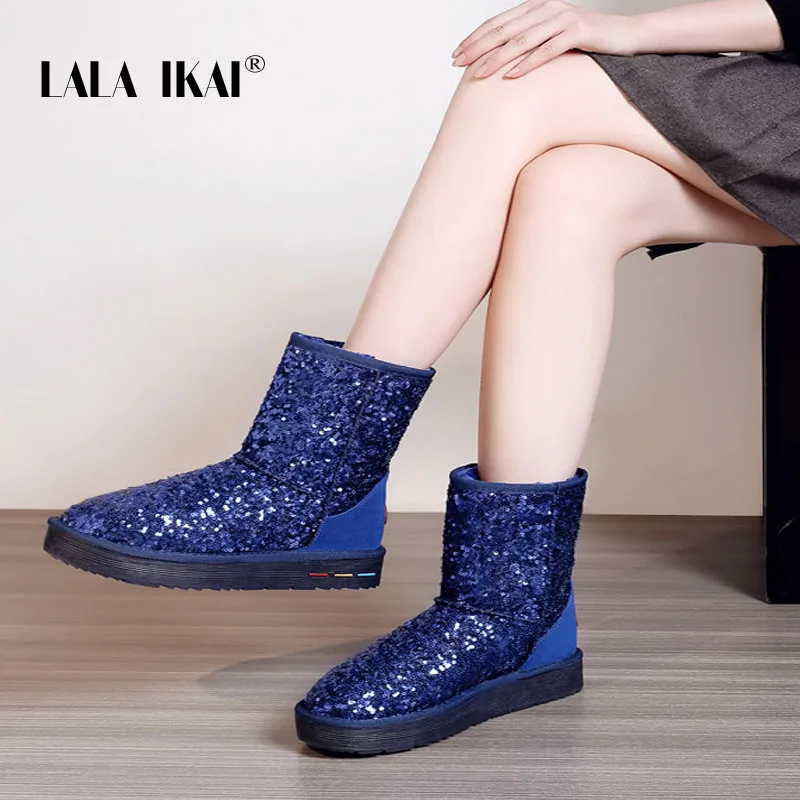 LALA IKAI/Для женщин зимние короткие Bling Slip-On ботинки с круглым носком из расшитой