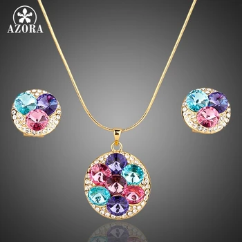 

AZORA Gold Color Multicolour Austrian Crystals Stud Earrings and Pendant Necklace Jewelry Sets TG0003