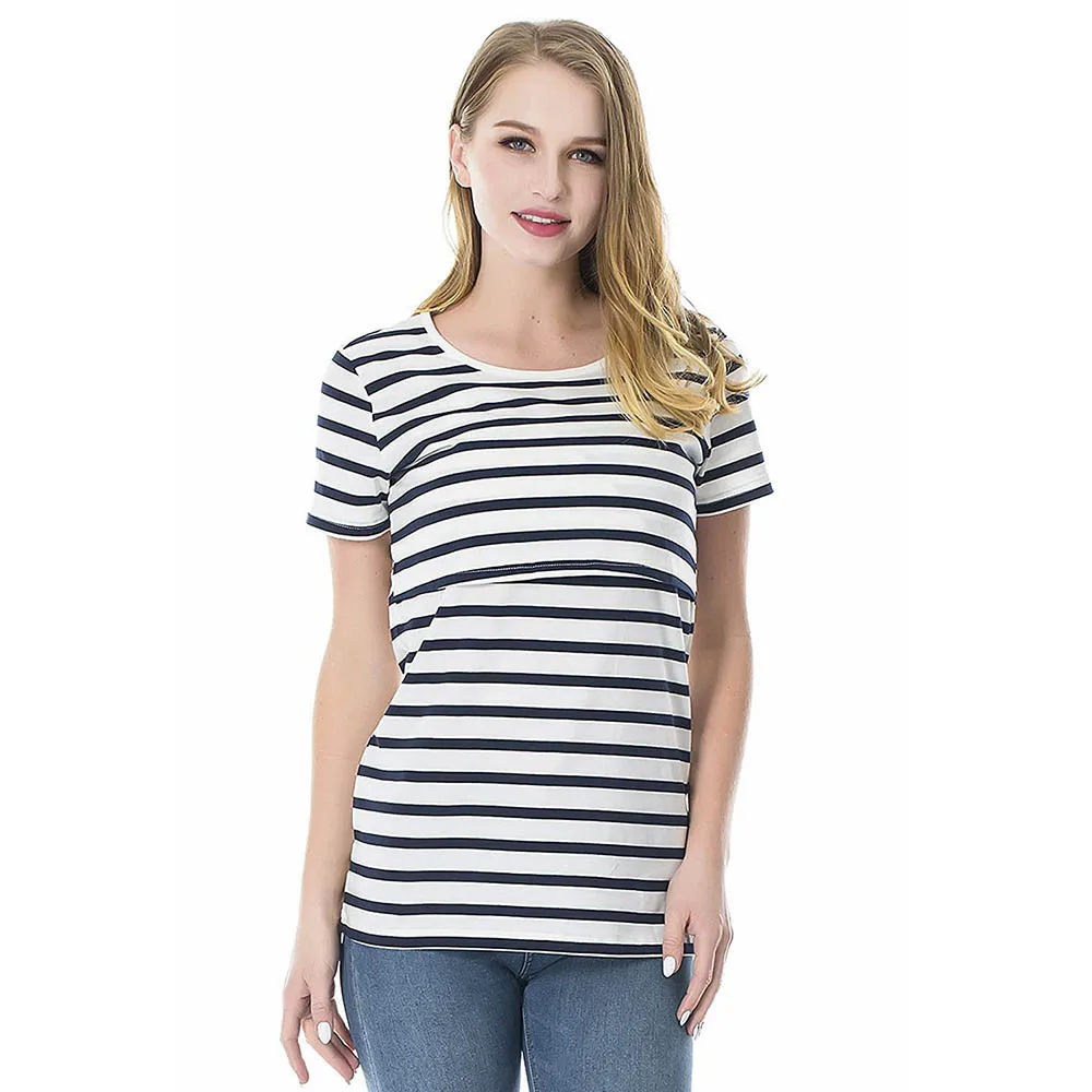Women Mom Pregnant Nursing Baby Maternity Long Sleeved Striped Blouse