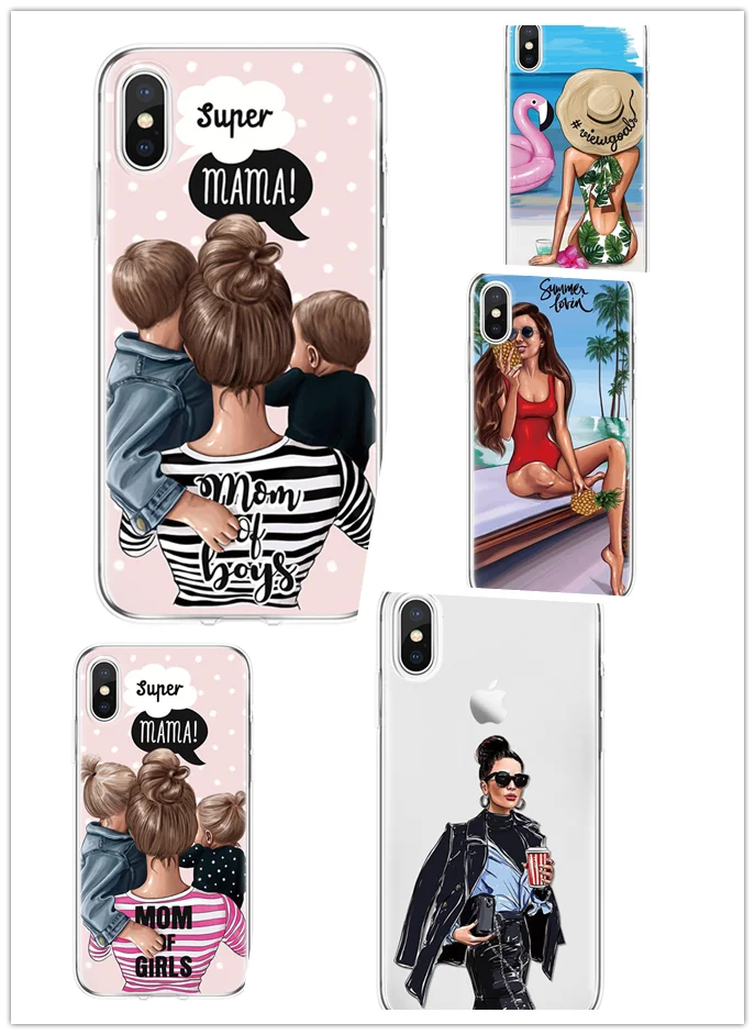Модный Черный Коричневый чехол для iPhone 8 мамы и девочки 7 6 S Plus 4 4s 5 5S SE XR X XS Max TPU phone