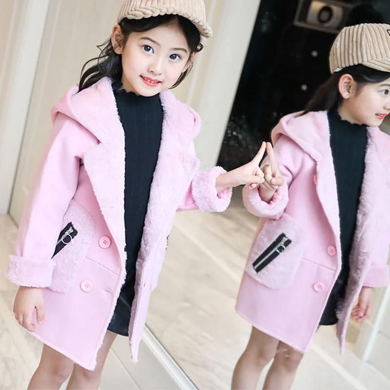

2018 new winter Children's outerwears clothing fleece coat baby big girls hooded woolen jackets for kids thick long warm coats
