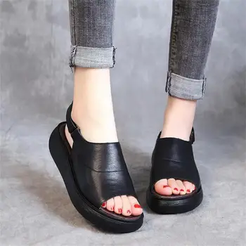 

2019 summer New vintage Genuine Leather sandals Wedges Heels Platform Open Toes Flats Fish Mouth Beach Sandals Women Handmade