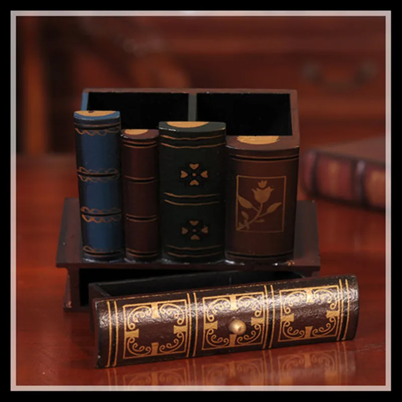 

Multifunction Retro Wooden Pen Holder Book Shape Wood Craft Home Decor Pencil Desktop Storage Box Stationery Holder ElimElim