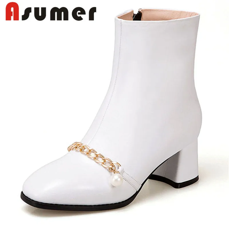 

ASUMER 2018 NEW fashion hoof heels ankle boots for women winter simple shallow boots metal decoration sexy genuine leather boots