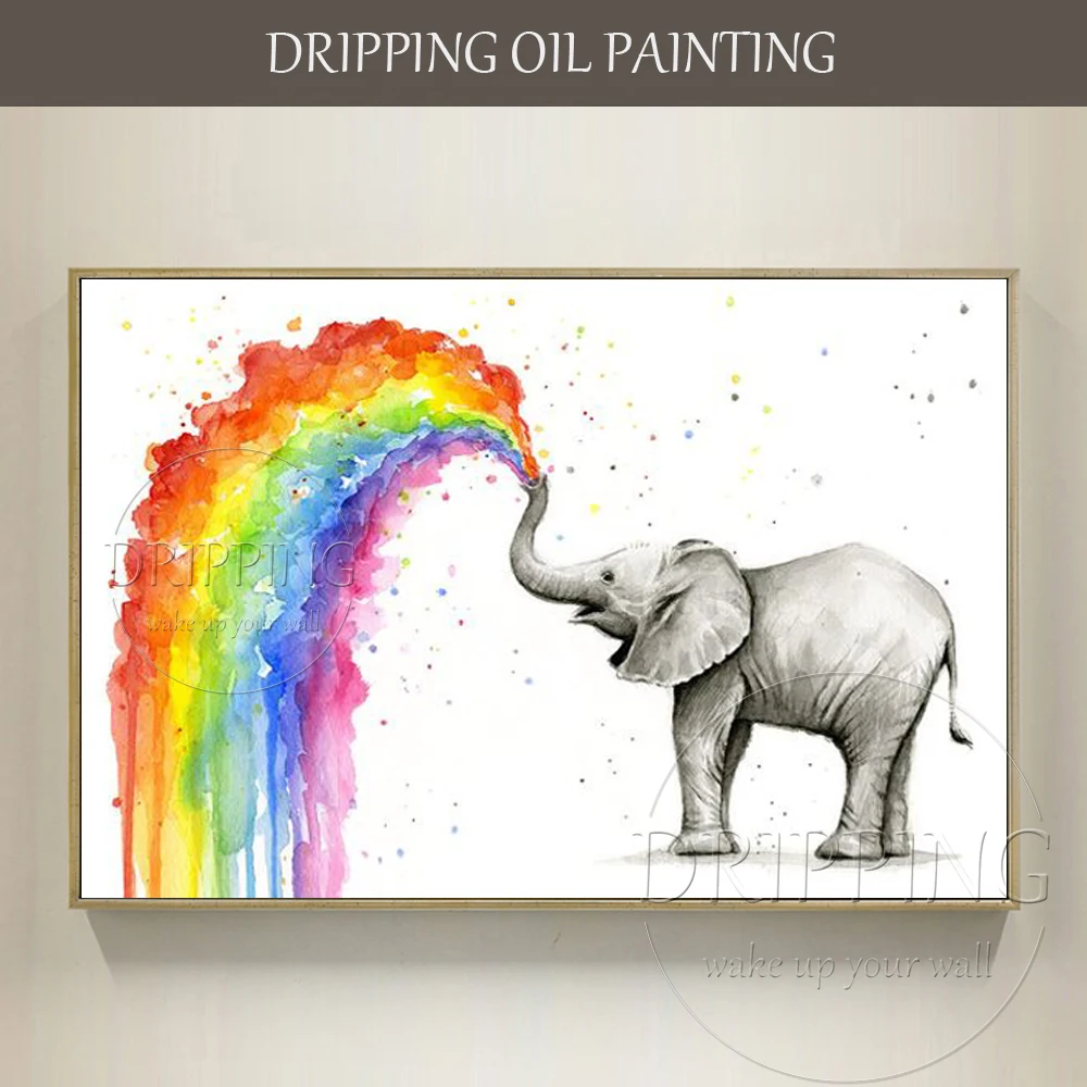 

New Arrivals Artist Hand-painted High Quality Big Animal Elephant Oil Painting Especially Elephant Shooting Rainbow Oil Painting