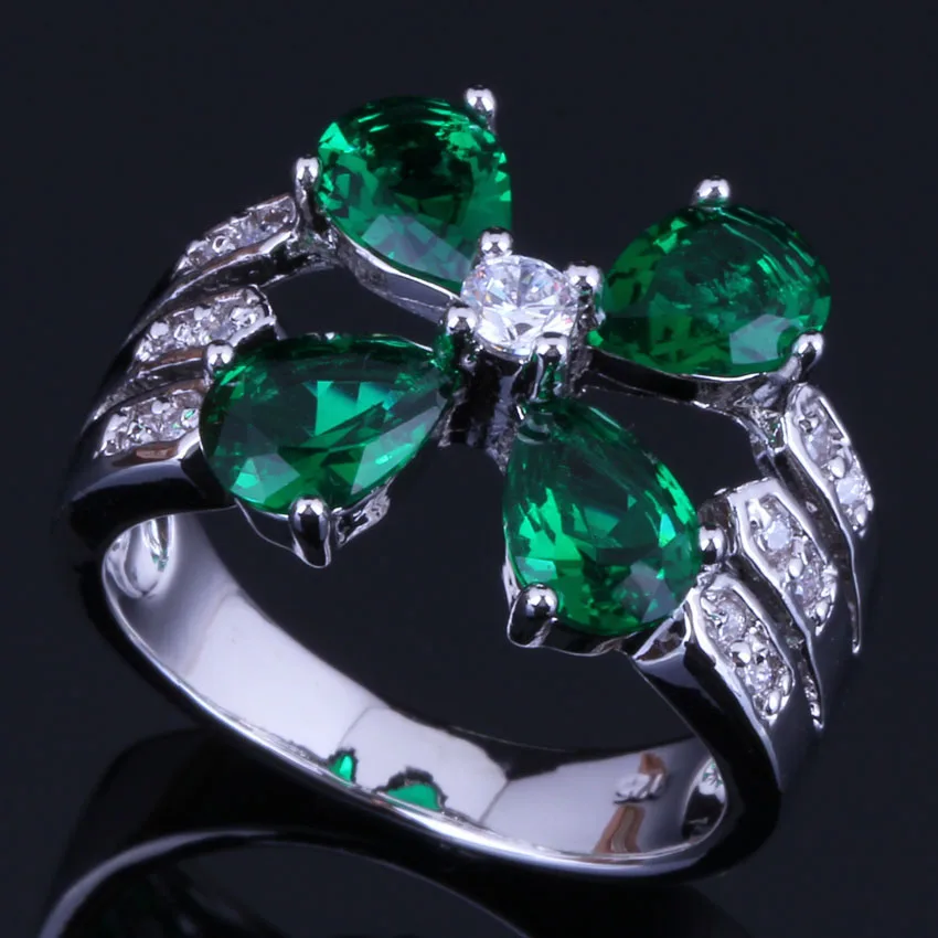 Absorbing Flower Green Cubic Zirconia White CZ Silver Plated Ring V0427 | Украшения и аксессуары