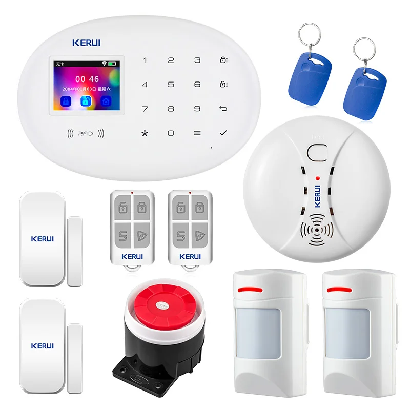 

KERUI W20 wireless home GSM850 / 900/1800 / 1900MHz security alarm system suite APP control with smoke burglar alarm system