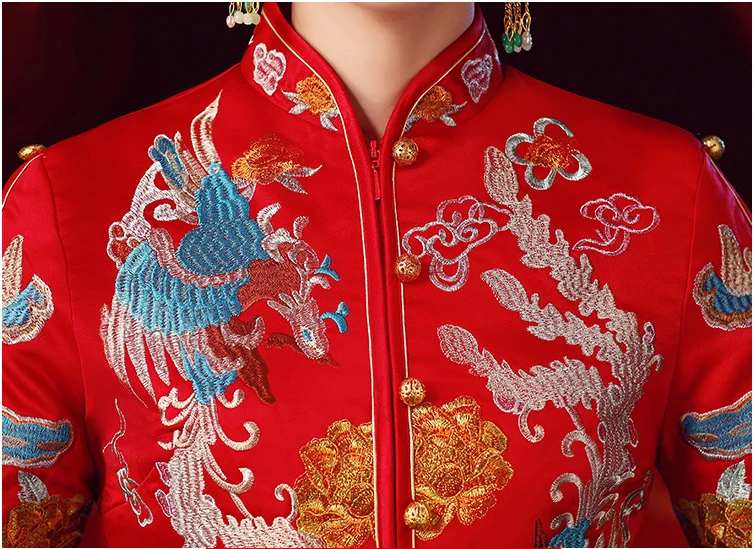 Красный особенный Мода китайский невесты свадебное платье Золотой cheongsam вышивка Женский Золотой демисезонный Qipao Плюс размеры