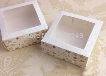 

10*10*4.3cmHello Kitty Snack Biscuit cake box Square paper box with pvc window Cheese hanburger box 120pcs/lot