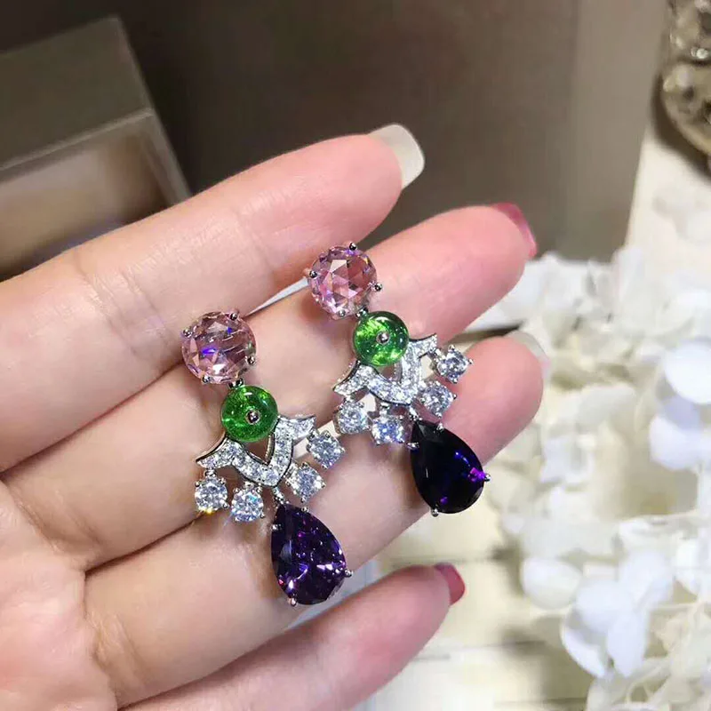 

Brand Pure 925 Sterling Silver Jewelry For Women Big Multicolor Stone Earring Cubic Zirconia Flower Stud Earring Party Silver