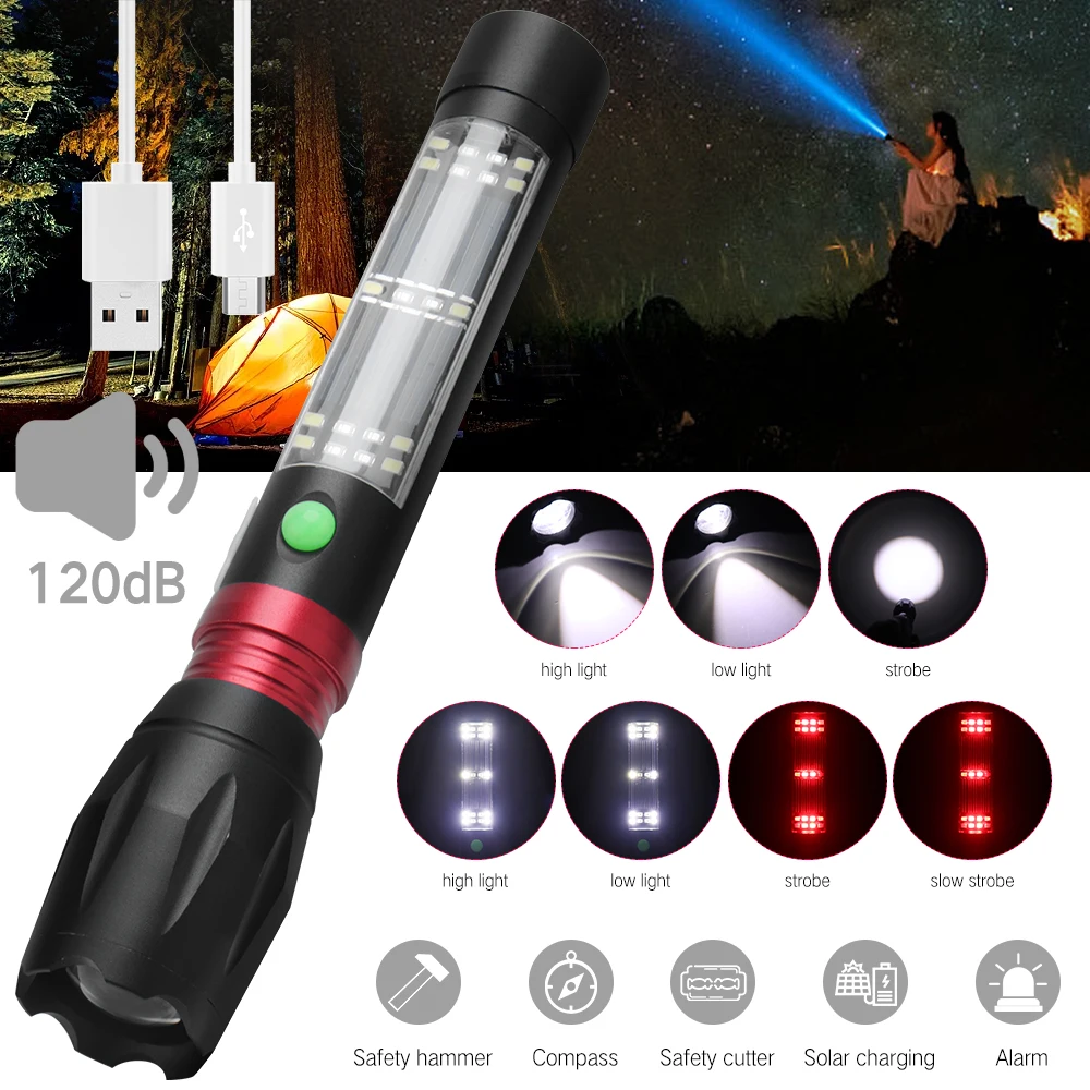 

BORUiT T6 LED Flashlight Torch Solar Powered Lantern Alarm Zoomable Lighting USB charge Lamp For Camping Torch lamp Flashlight