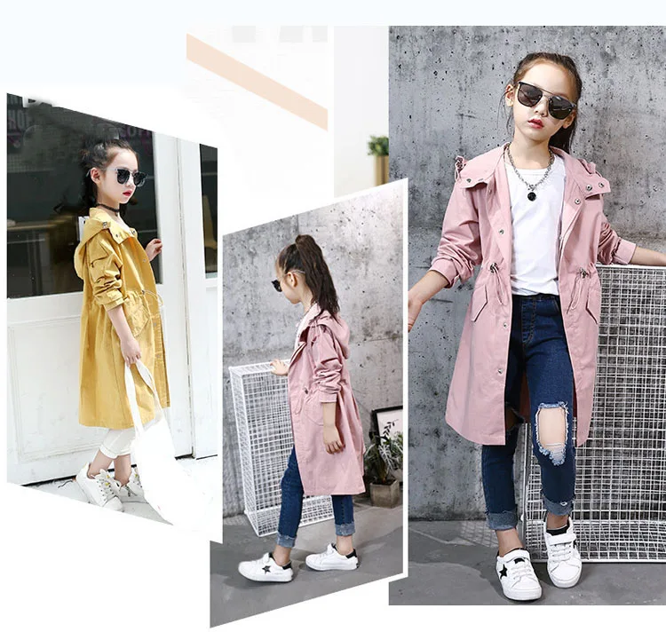 2 colors hooded long jackets for girls outerwear & coats clothing children long sleeve pockets kids trench coat autumn 2017 tops 4 5 6 7 8 9 10 11 12 13 14 15 16 Years old little big girls pink khaki long hooded coats clothes (15)