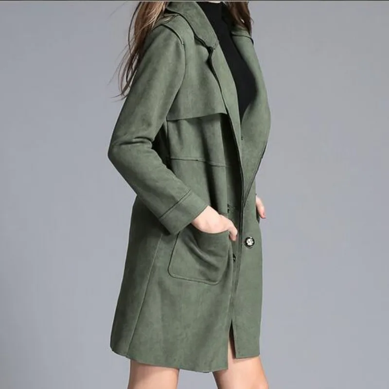 Top Quality Brand Womens Slim Fit Suede Leather Long Jacket Female Double Breasted Trench Coat Lepal Windbreaker Overcoat Size