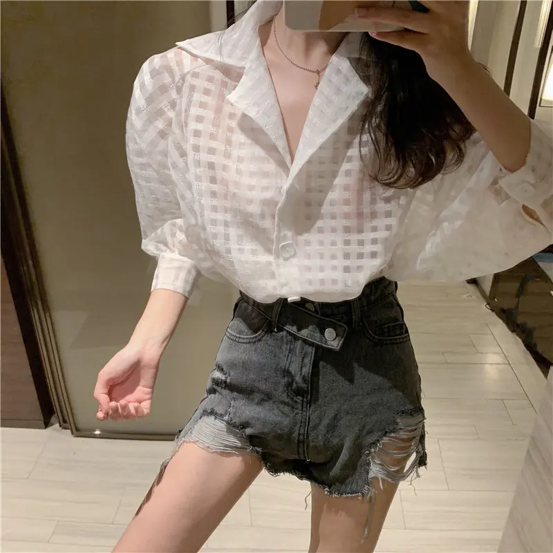 

Alien Kitty 2019 Chic Sunscreen White Elegant Hollow Out Plaid Blouses Puff Sleeves Gentle Mesh Light Loose Fresh Tops Shirts