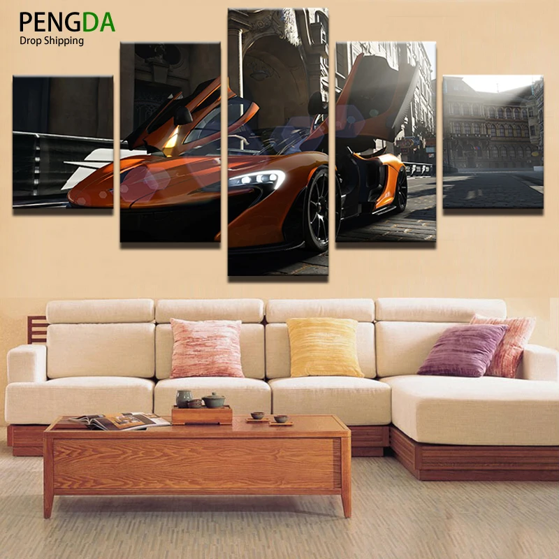 

PENGDA Modern Canvas Painting Frame Wall Art Picture Home Decor 5 Panel Cool Orange Reflective Sports Car Poster Print On Canvas