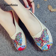Cresfimix Женская обувь для женщин Симпатичные из конопляной ткани с вышивкой на носке, женская обувь на плоской подошве повседневная обувь высокого качества Женская мода Новая обувь a2050