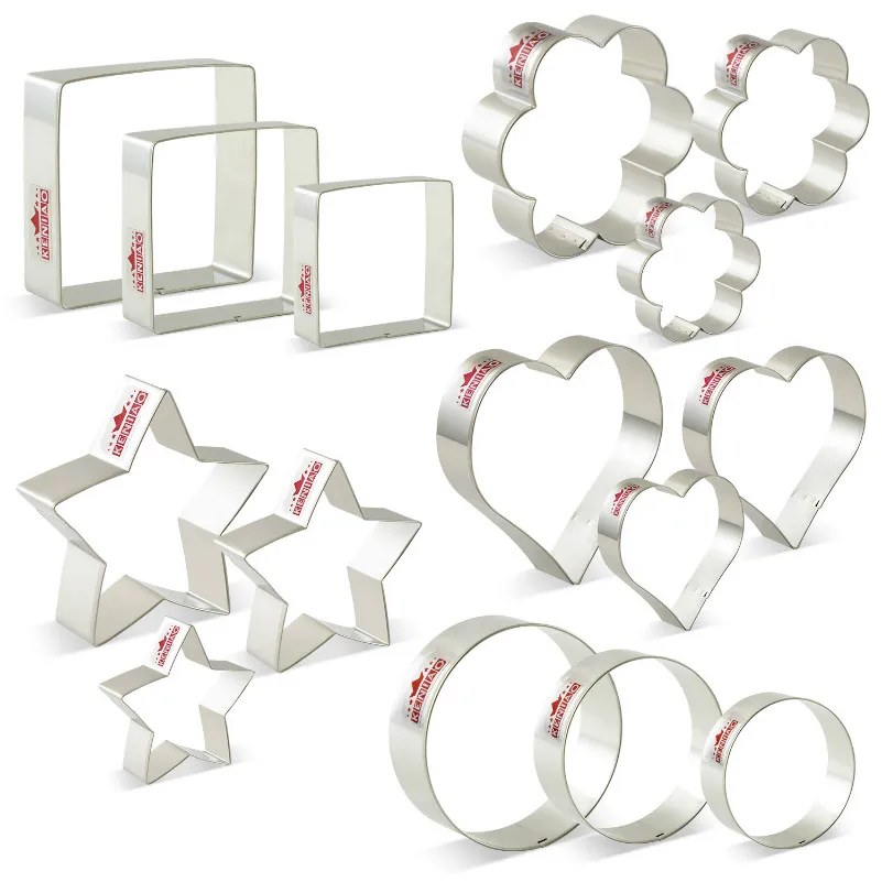 KENIAO Basic Stars, Hearts, Circles(Rounds), Flowers(Scalloped Edge)& Squares Cookie Cutters Set-15 шт.-нержавеющая сталь