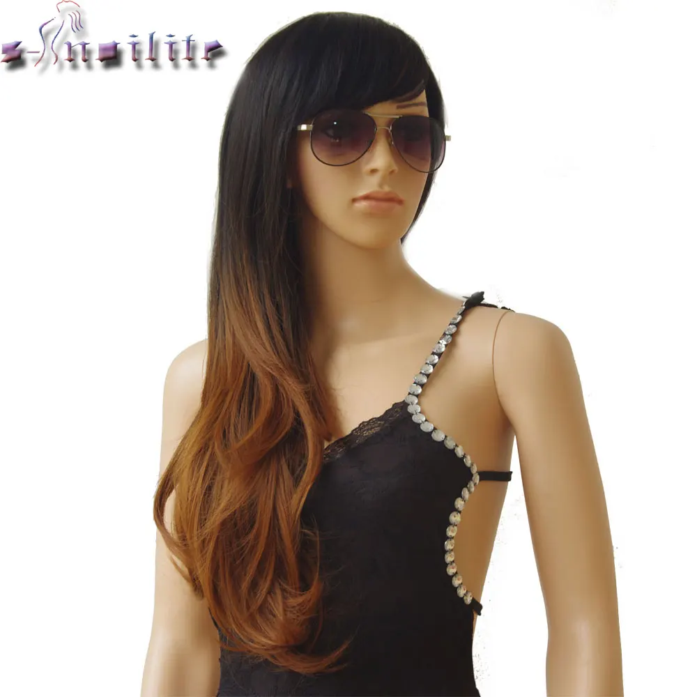 

Ombre Brown Red Grey Synthetic Wig Dark Roots Long Straight Wigs For Women With Inclined Bangs For Cosplay Daily Party