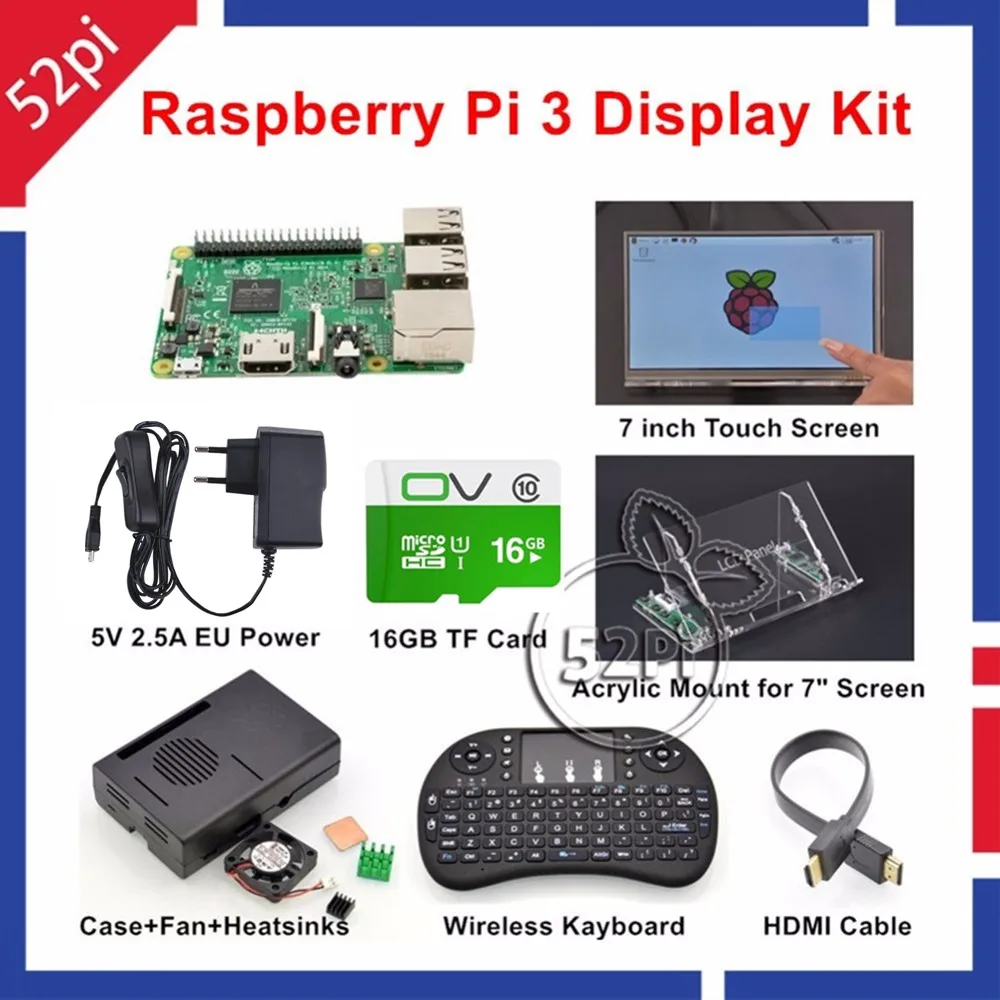 52Pi Raspberry Pi 3 Starter Kit с 7 ''сенсорный экран + акриловое крепление охлаждающая плита