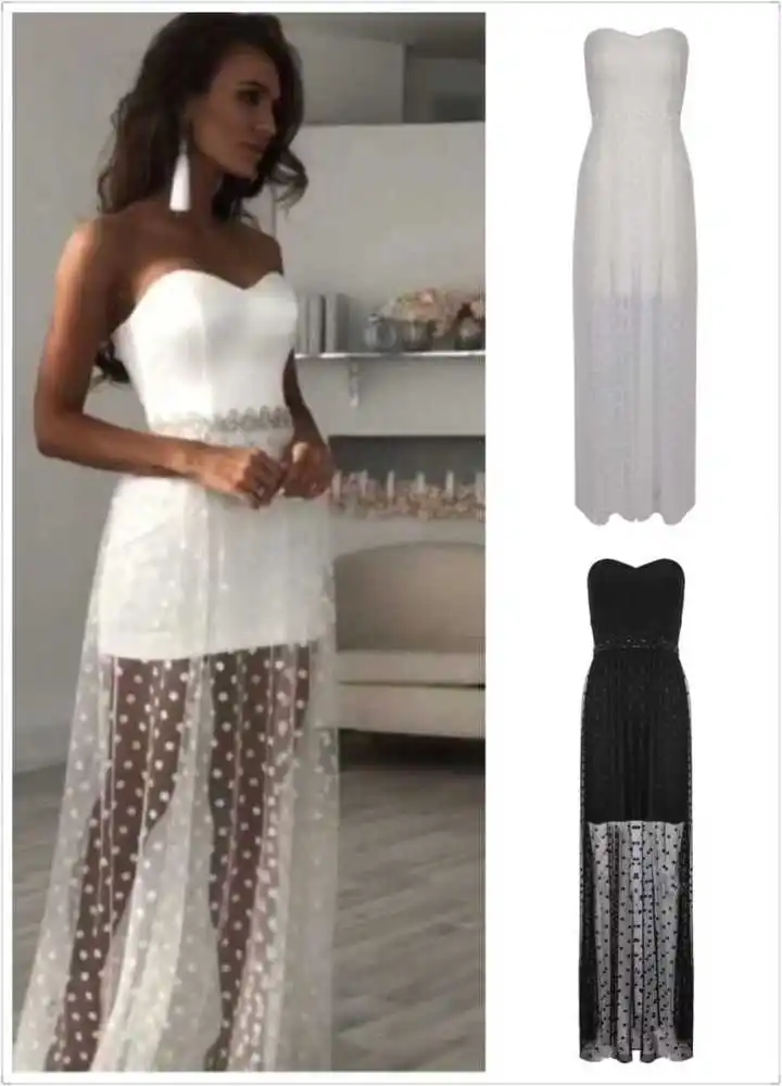 

White Black Strapless Long Mesh Off Shoulder Floor-Length Sleeveless Bandage Dress 2018 Celebrity Evening Party Women Dresses