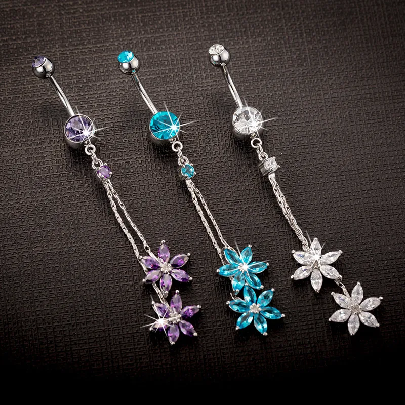 

High Quality Gold Medical Dangle Flower AAA Zircon Crystal Navel Bell Button Rings Sexy Piercing Navel Body Jewelry