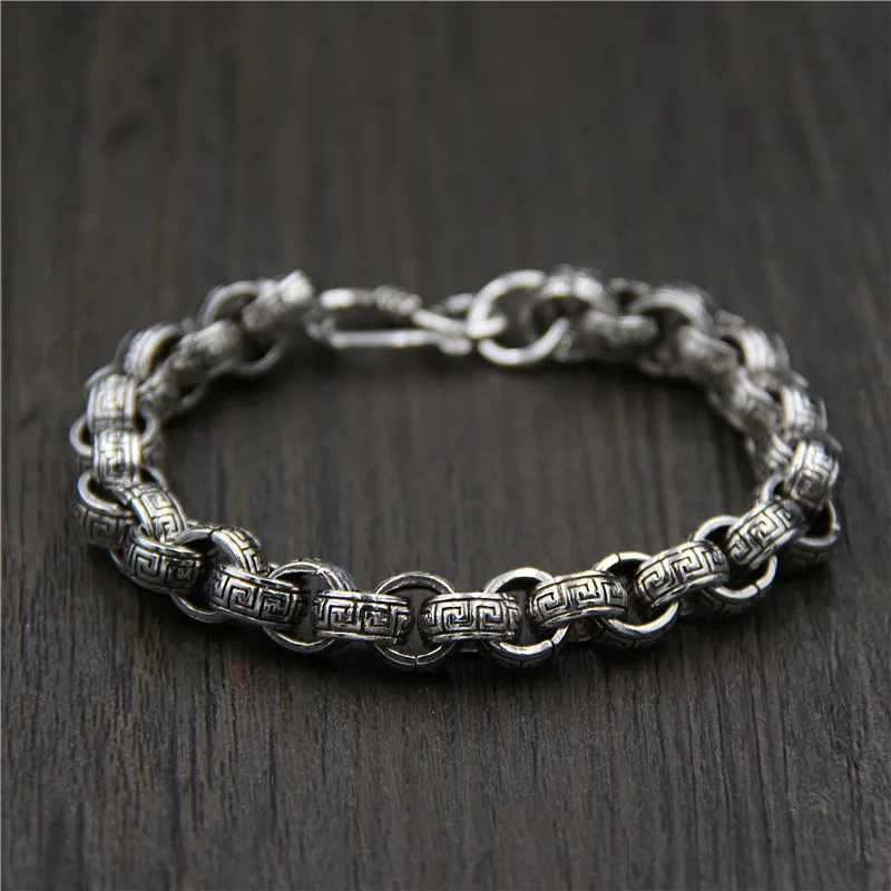 

Silver S925 Sterling Silver Circle Buckle Thick Chain Personality Thai Silver Retro Great Wall Men's Bracelet