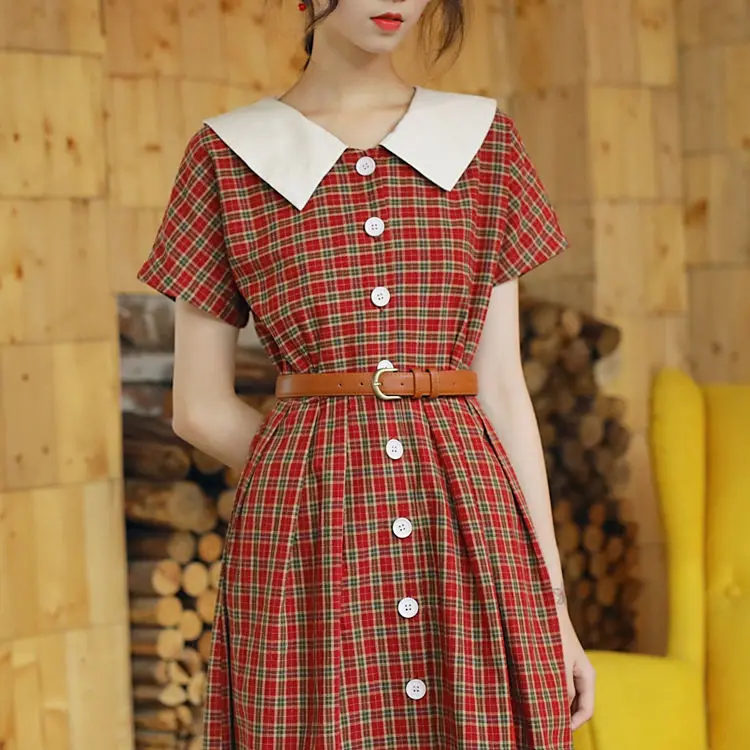 

2019 new fashion women's dresses French retro high waist summer fresh red dress