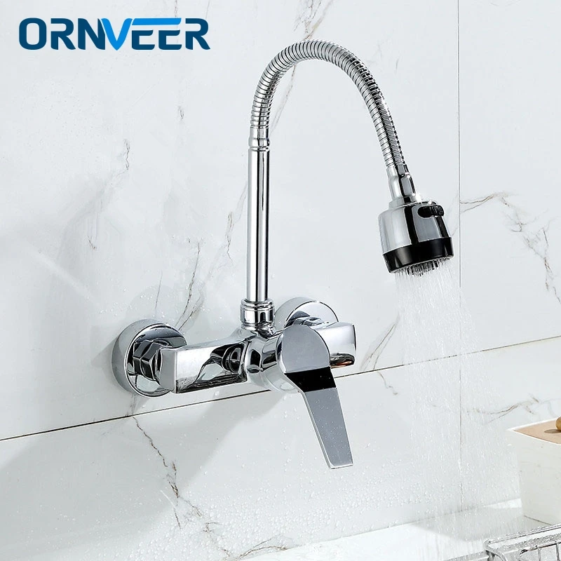 Modern Wall Mounted Double Holes Flexible Kitchen Faucet Mixers Sink