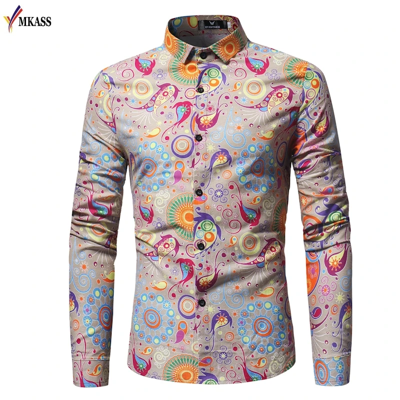 2018 Retro Floral Printed Man Casual Shirts Fashion Classic Men Dress Shirt Breathable Men