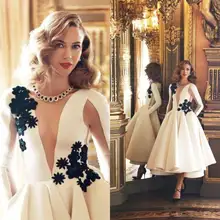 New Arrival Sexy A-Line Long Sleeves Tea Length Sheer Part Appliqued Black Evening Dress Short Prom Dress 2017 ASAE31
