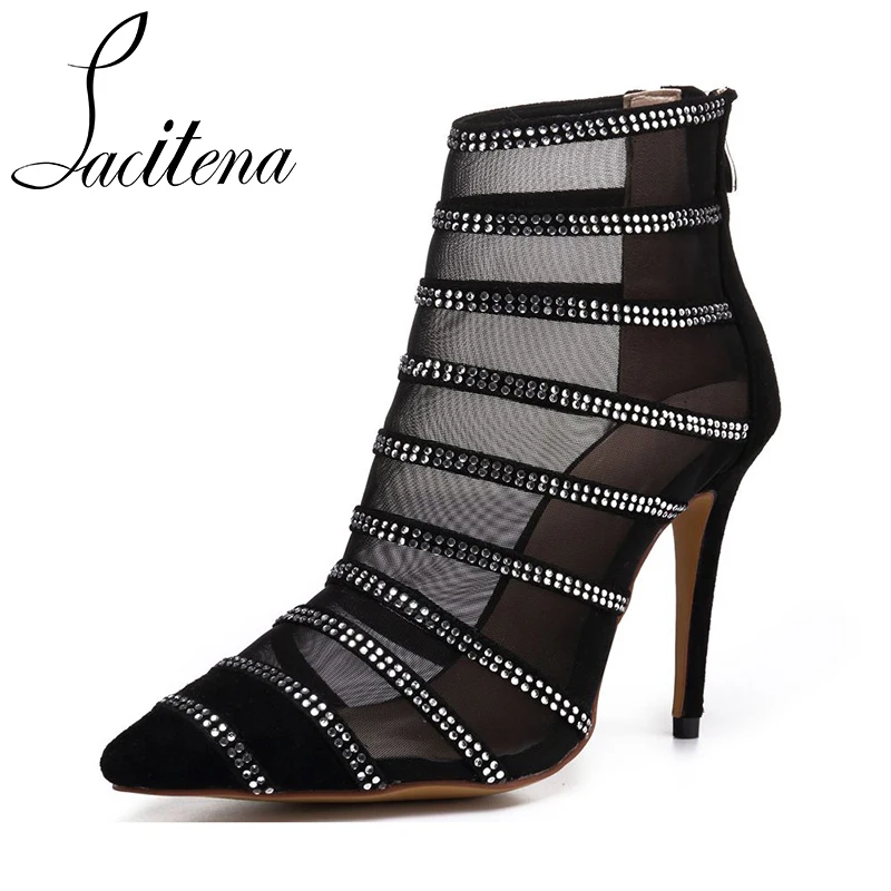 

Women Black Lace Hollow High Heel Diamond Sandals Boots Rhinestone Pointed Toe Boots Woman