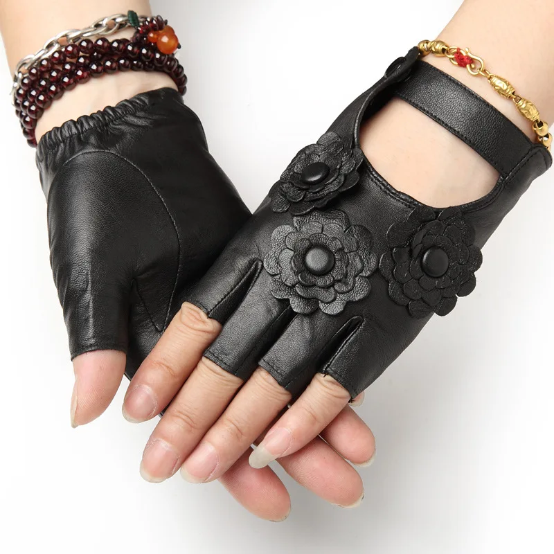 New Female 100% Pure Real Leahter Flower Thin Half Finger Cool Gloves Women Driving Riding Semi-Finger Sports Fitness Luvas | Аксессуары