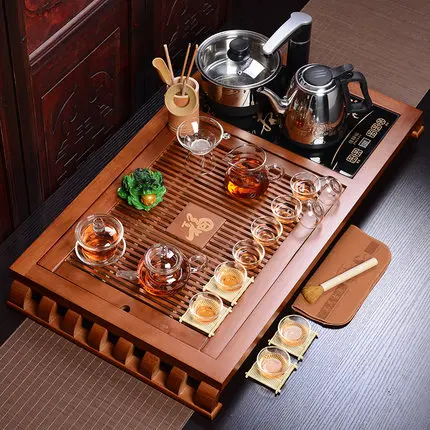 Китайский чайный набор из фиолетовой глины кунг-фу, домашние керамические чашки, чайный набор, электрическая Магнитная печь, чай, тайваньский деревянный поднос, чайная церемония - Цвет: 06 Set