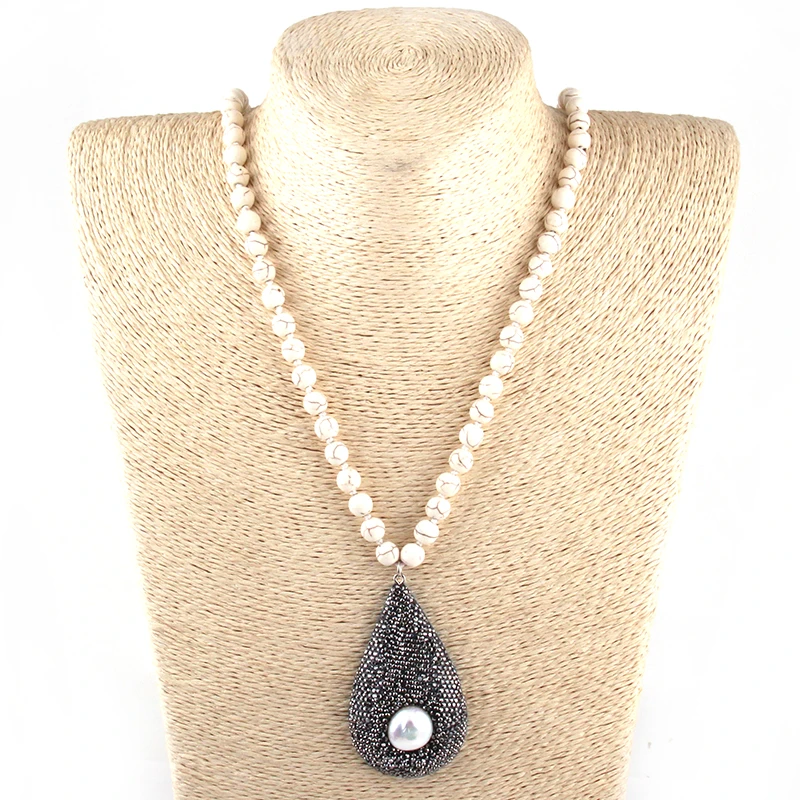 Мода 8 мм с принтом из бежевых камней Длинные завязанные ручной работы кристалл проложенный жемчуг оболочки подвески ожерелья женские национальное ожерелье