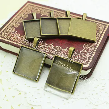 

6 set Antique Bronze Square 26*38mm(Fit 25*25mm dia) Pendant Blanks Fit Jewelry Making Charms + Clear Glass Cabochons