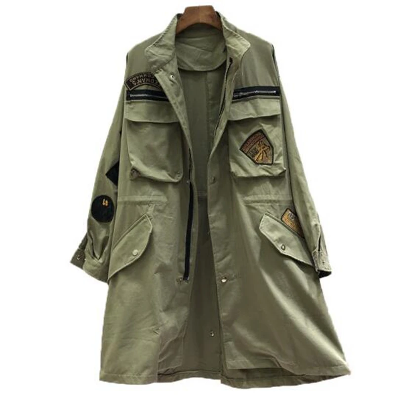 

Autumn new wave embroidery badge loose large size tooling windbreaker female long section drawstring jacket