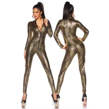 Black Gold Snake Skin Jumpsuit Wetlook Faux Leather Long Sleeve PVC Catsuit with Zipper Sexy Latex Catsuit Fetish Sexy Costumes