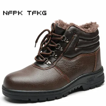 

big size mens casual steel toe covers working safety thick warm plush cotton-padded winter shoes soft leather ankle snow boots