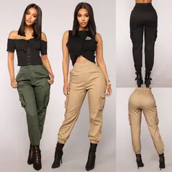 Otoño Nuevas Mujeres Pantalones Elásticos Moda Pantalones de Carga de Cintura Alta Caqui Ejército Verde Negro Sólido Pantalones Largos Pantalones Casuales Otoño Nuevas Mujeres Pantalones Elásticos Moda Pantalones de Carga de Cintura Alta Caqui Ejército Verde Negro Sólido Pantalones Largos Pantalones Casuales