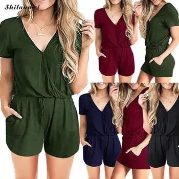 

2019 Causal Solid Color Romper Jumpsuit Women Summer Streetwear Playsuit V Neck Short Sleeve Fashion Short Romper Overalls Mujer