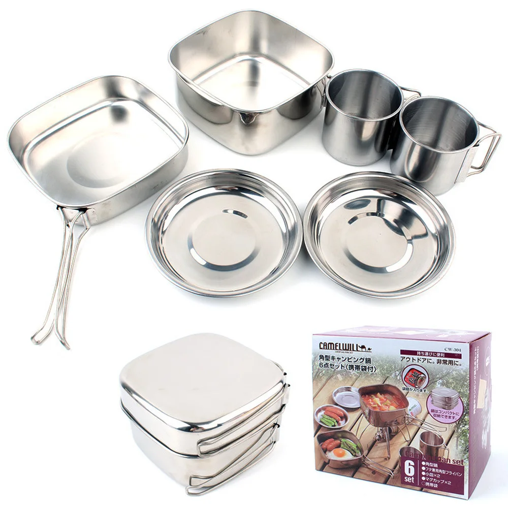 

Outdoor 6-Piece Pot Camping Stainless Steel Cookware Hiking Picnic Set Bowl Portable People Barbecue Combination Pot