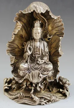 

Sitting Statue of Guanyin Bodhisattva of Lotus Leaf in Chinese White Bronze Ware