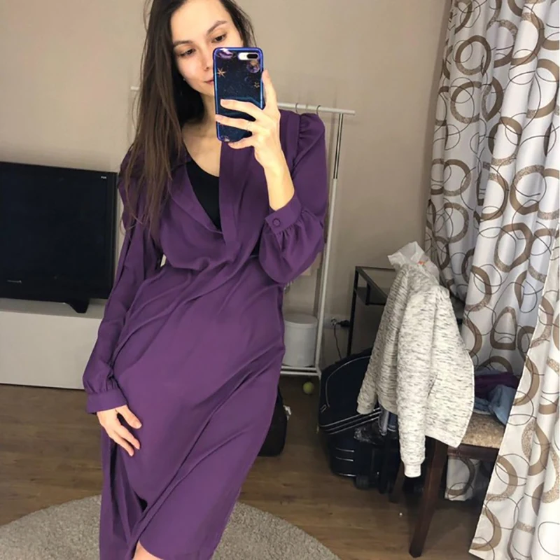 

Purple Elegant Button Bandage Dress Women 2018 Winter Long Sleeve Knee-Length Dresses Vestidos Vintage Ladies Dress Robe Femme