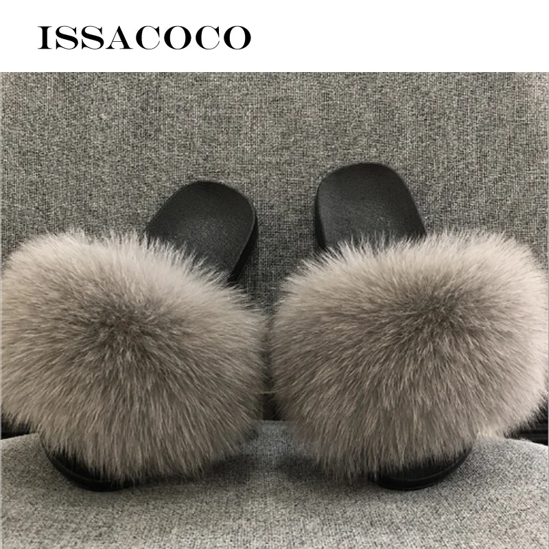 Сланцы ISSACOCO женские из натурального Лисьего меха меховые комнатные шлепанцы