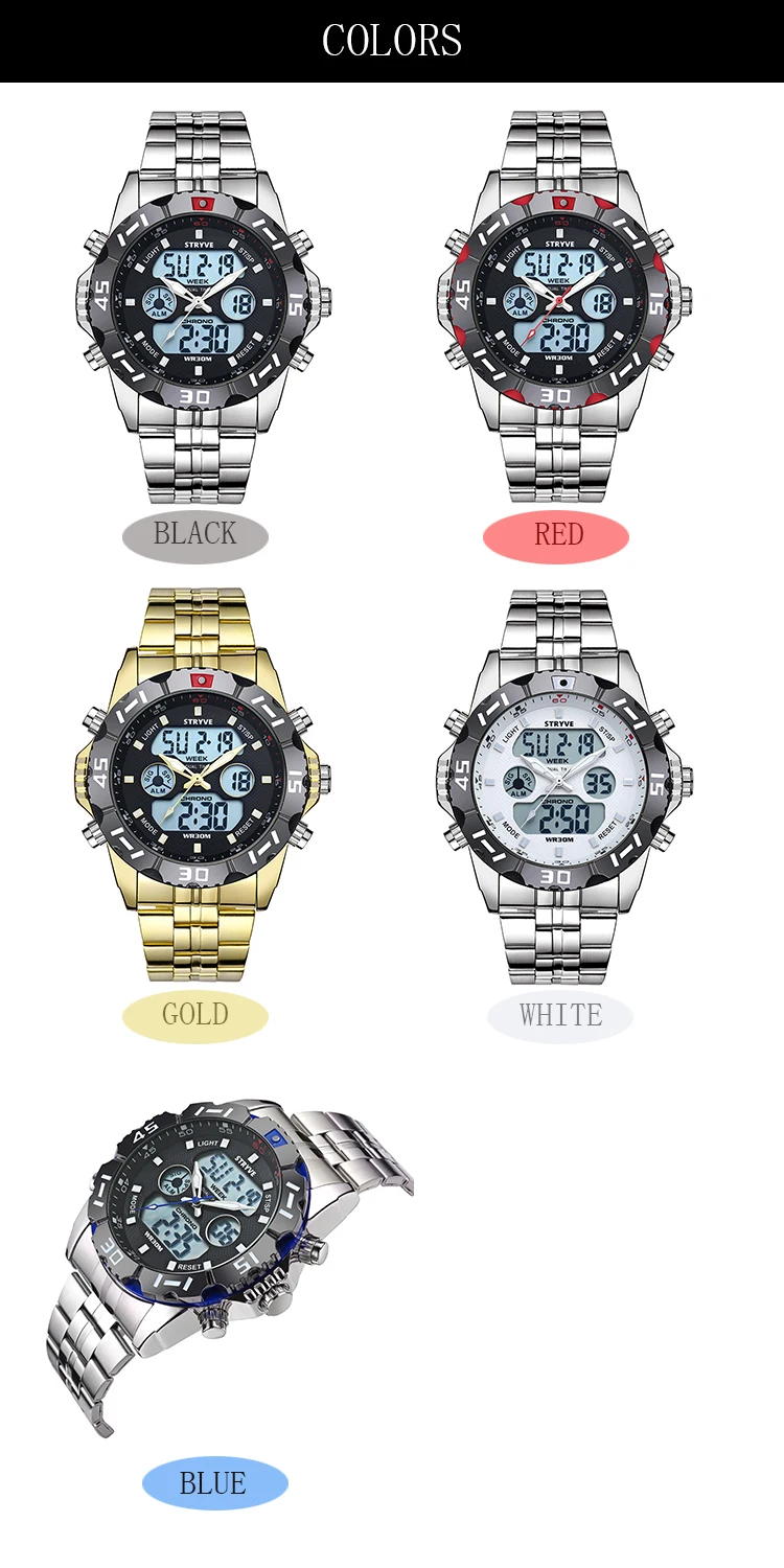 Stryve 8011 Wristwatches Waterproof Watches Men LED Analog Digital Clock Male Army Stainless Watches Relogio Masculino