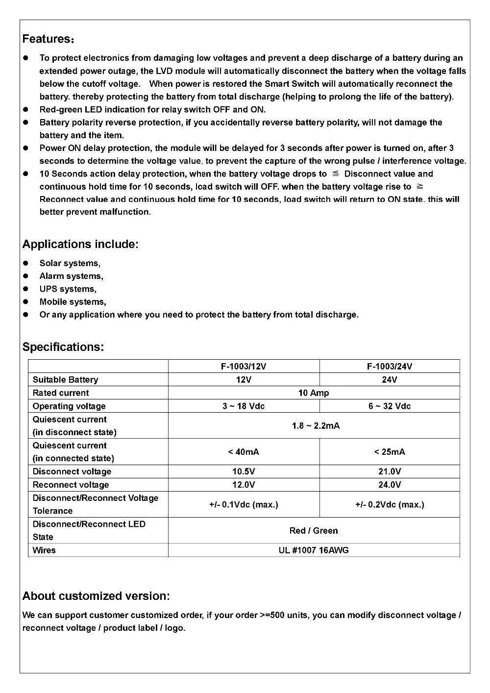 Chunzehui низкая Напряжение отключения модуля LVD 12 V 10A защищают/продлить Срок службы