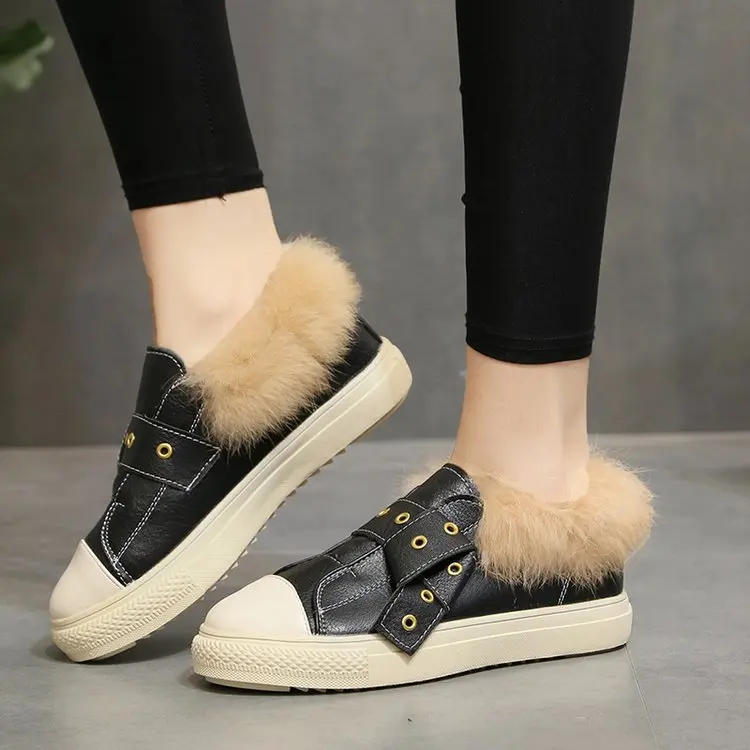 

Round Toe Fashion Women Fluffy Fur Loafer Metal Decoration Sewing Autumm Winter Flats Shoes Solid Slip on Shoes for Women