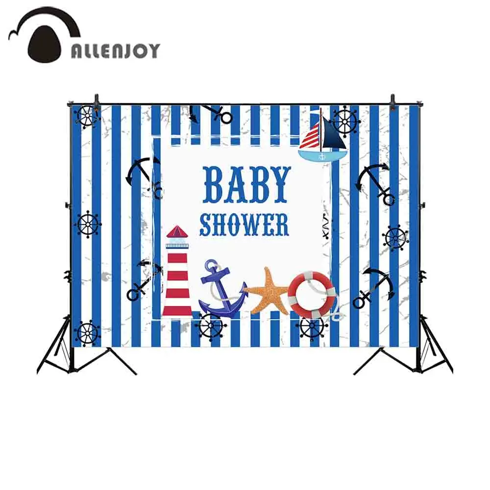 Allenjoy Sfondo Sfondi Ancora Blu Ruota Per Barche Strisce Verticali Faro Salvagente Cornice Per Stelle Marine Baby Shower Fondali
